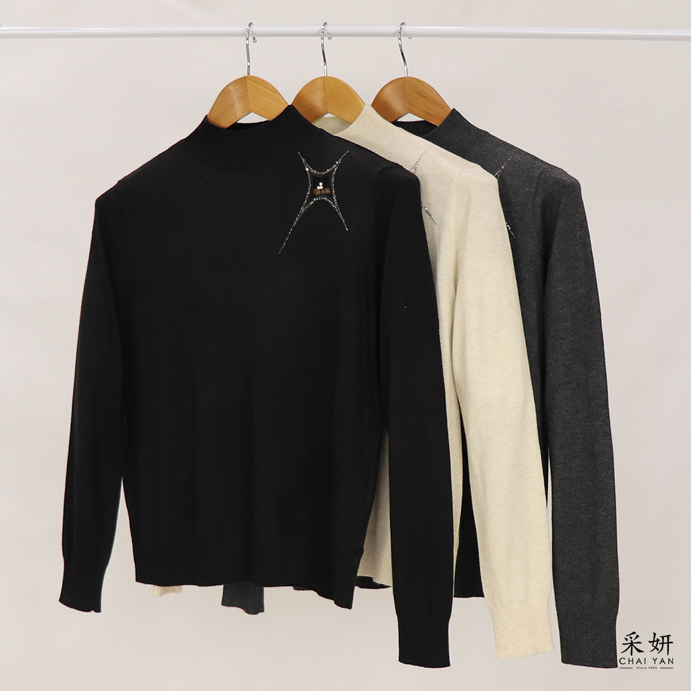 水鑽珍珠刺繡細針織長袖上衣