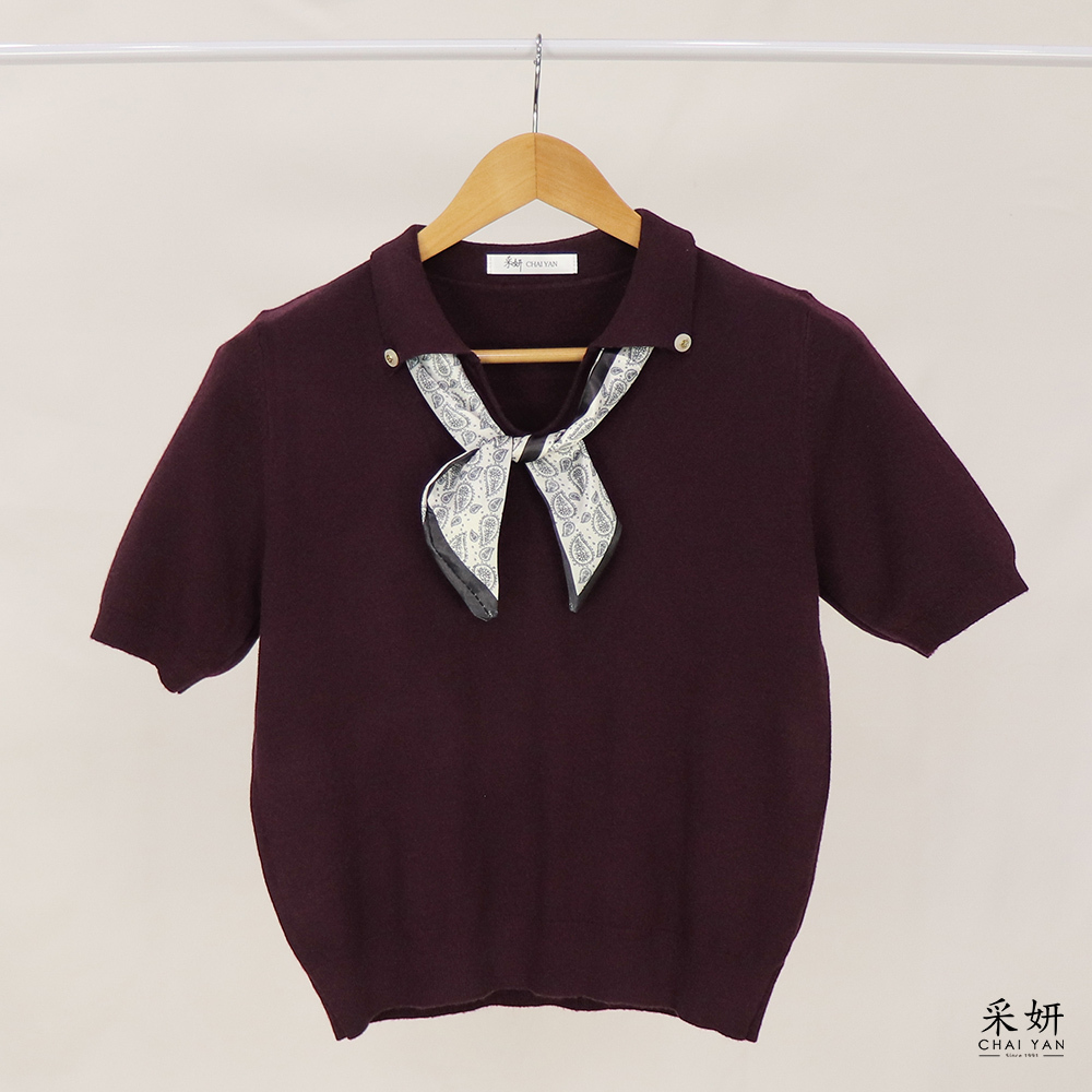 復古領巾針織翻領短袖上衣