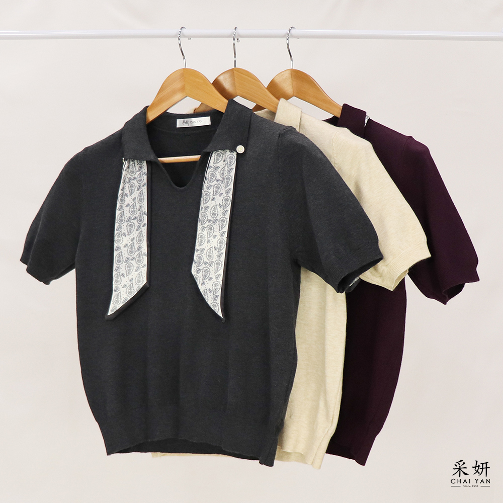 復古領巾針織翻領短袖上衣