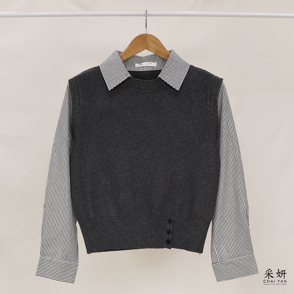 假兩件針織襯衫翻領長袖上衣