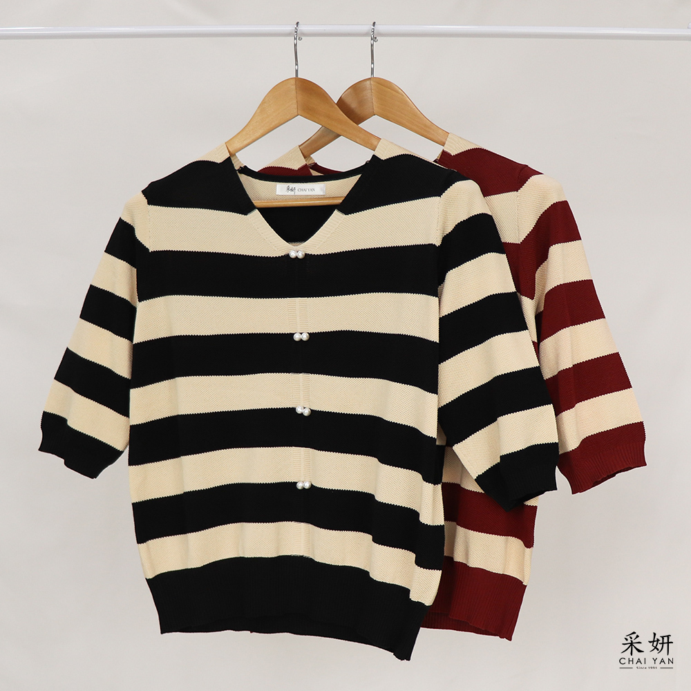 珍珠粗條紋針織半袖上衣