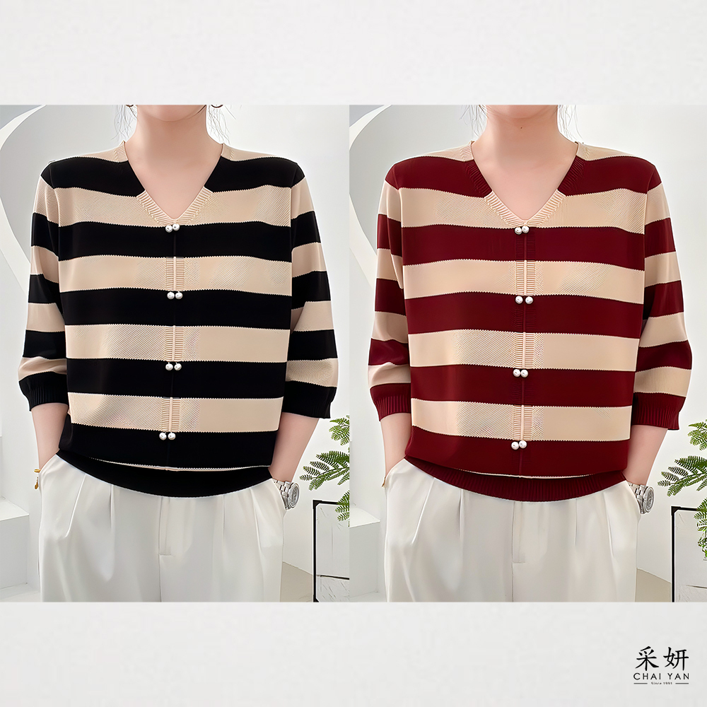 珍珠粗條紋針織半袖上衣