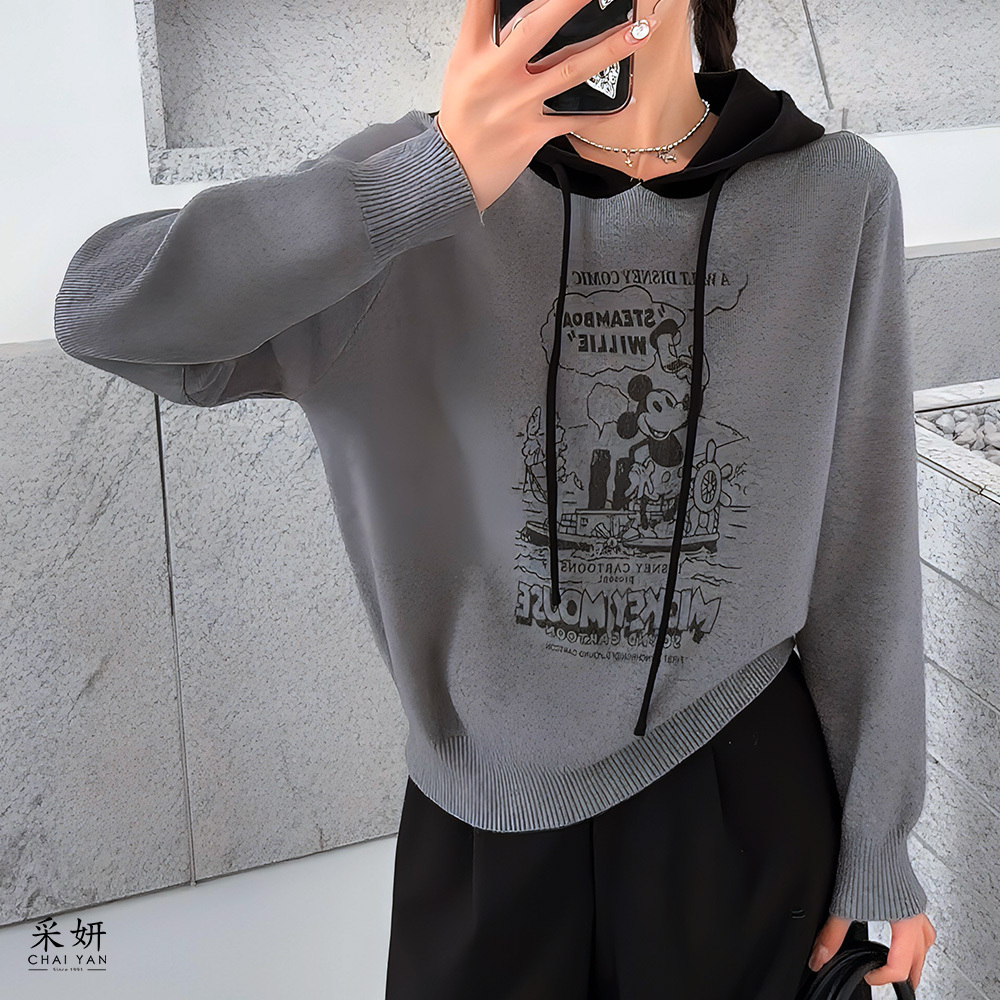 卡通跳色針織連帽長袖上衣