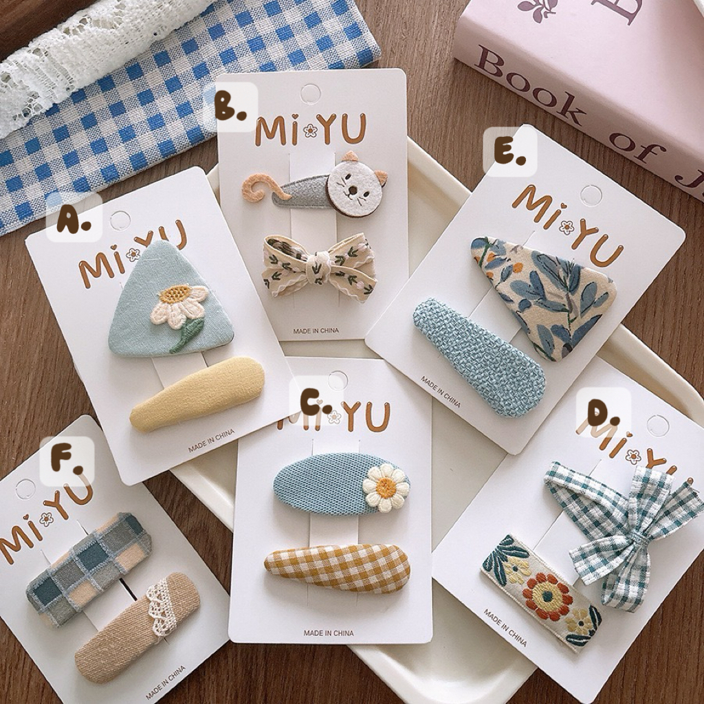 藍小花刺繡髮夾組