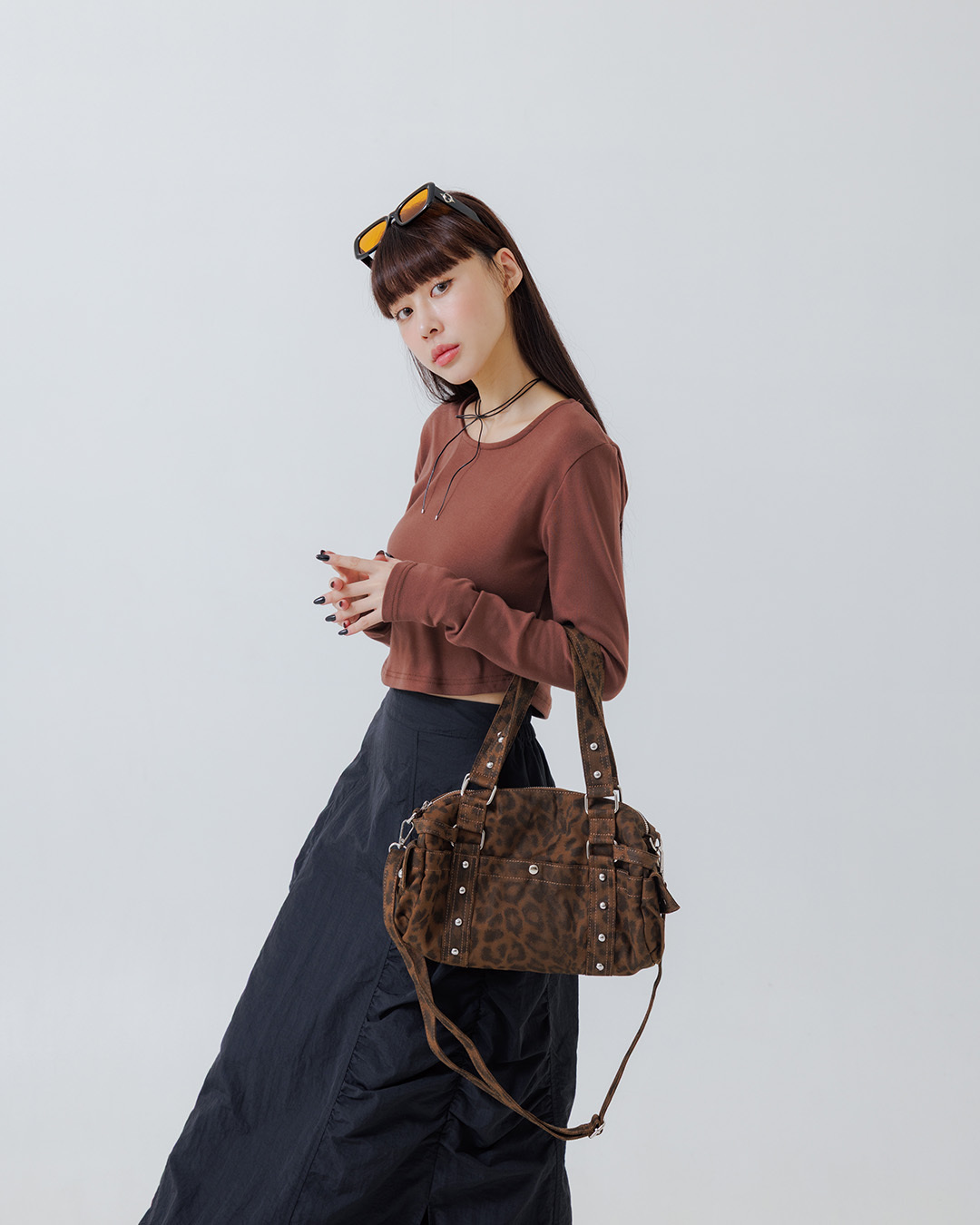 Leopard print studded multi-pocket bag, available in two colors.【06010509】in stock+pre-order