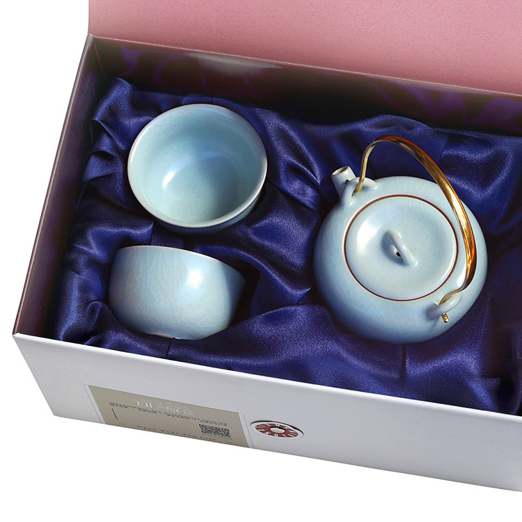 青瓷汝窯(銅把提樑壺+2品香杯)3入禮盒