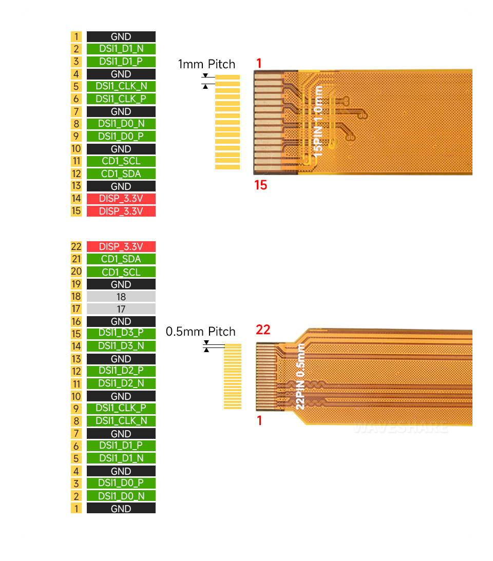 MIPI DSI 螢幕專用軟排線 12cm,22P 轉 15P,引腳說明