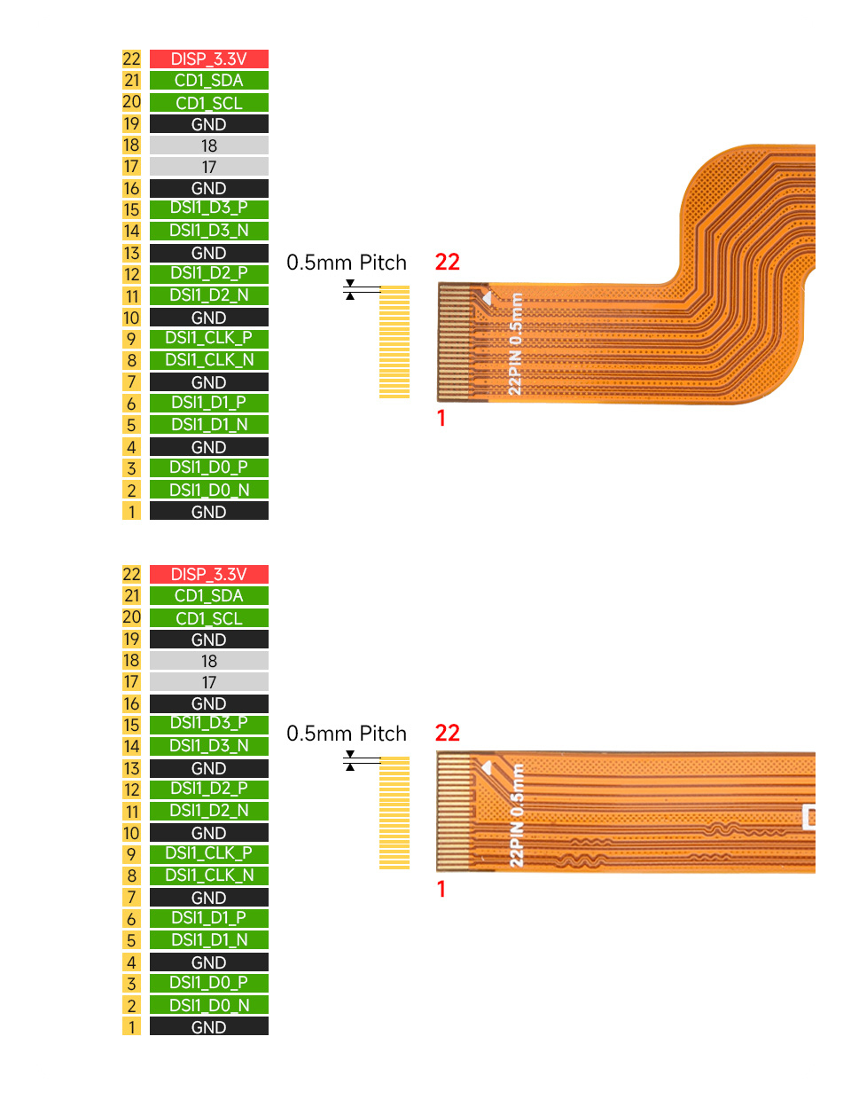 MIPI DSI 螢幕專用軟排線 12cm,22P,引腳說明