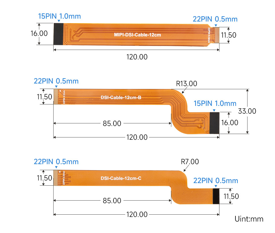 MIPI DSI 螢幕專用軟排線 12cm,尺寸規格