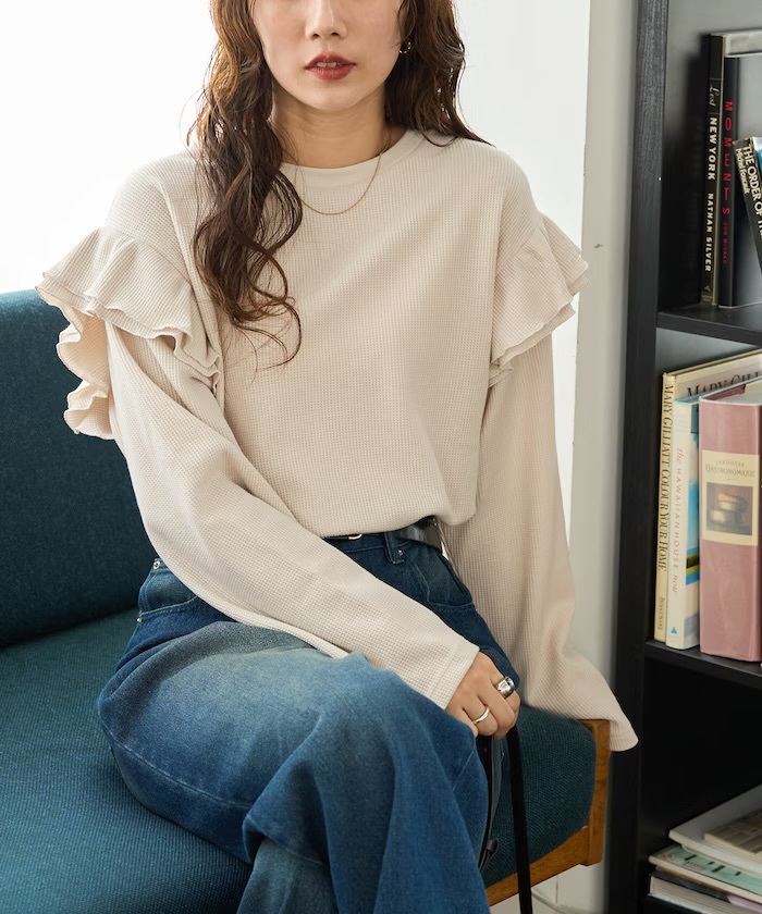 FREAK'S STORE ワッフル フリル 袖 ロング スリーブ プルオーバー米色（1322248901458）