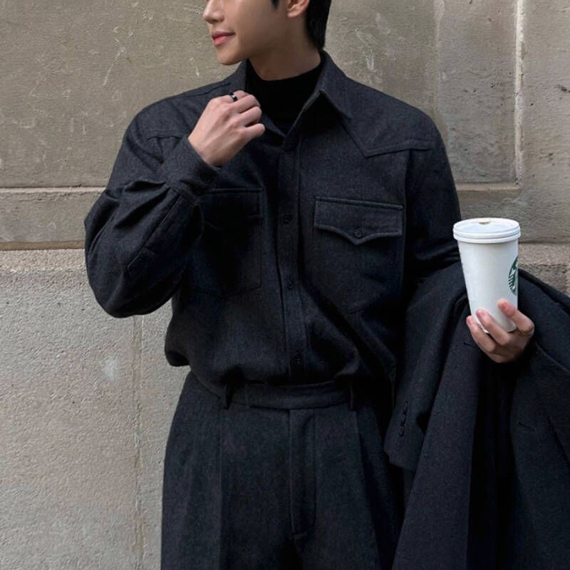 韓版冬季高質感刷毛雙口袋保暖休閒襯衫套裝