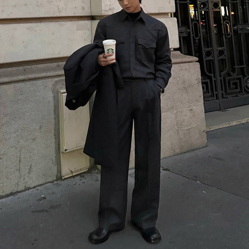 韓版冬季高質感刷毛雙口袋保暖休閒襯衫套裝