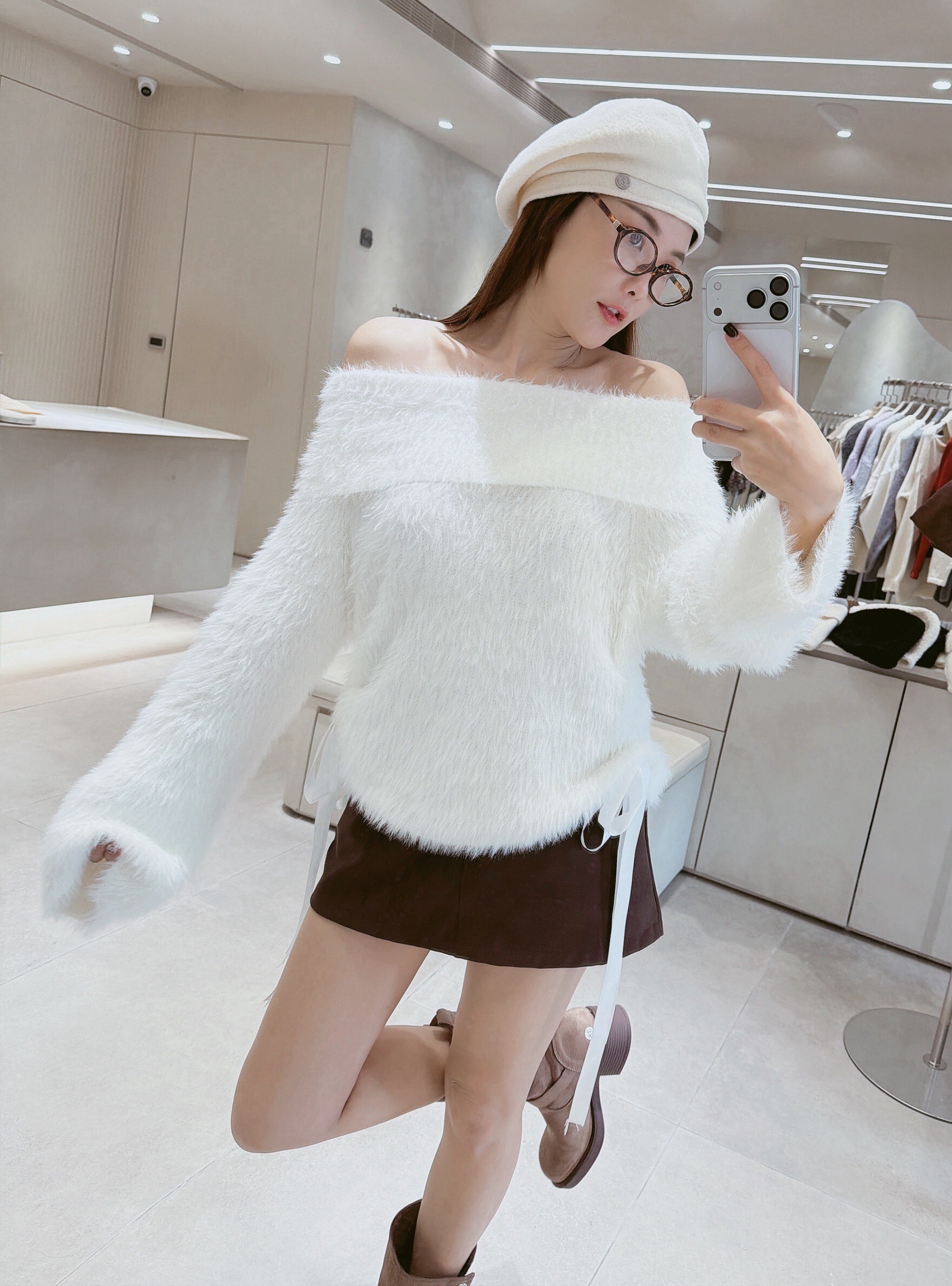 側緞帶一字翻領水貂毛上衣