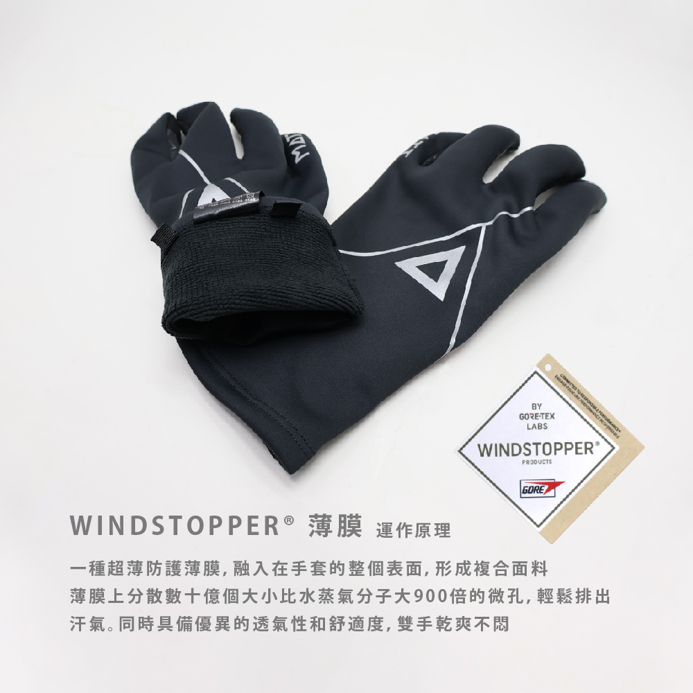 WINDSTOPPER® 薄膜運作原理：一種超薄防護薄膜，融入在手套的整個表面，形成複合面料薄膜上分散數十億個大小比水蒸氣分子大900倍的微孔，輕鬆排出汗氣。