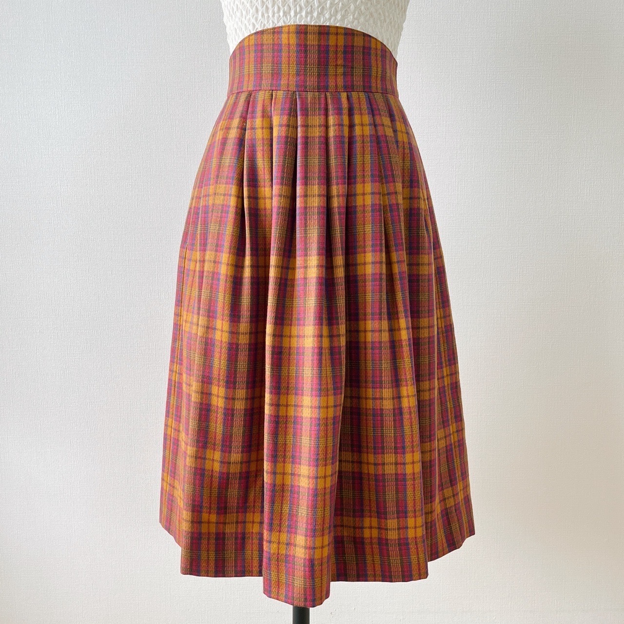 粉紅撞芥末黃色高腰格紋半裙