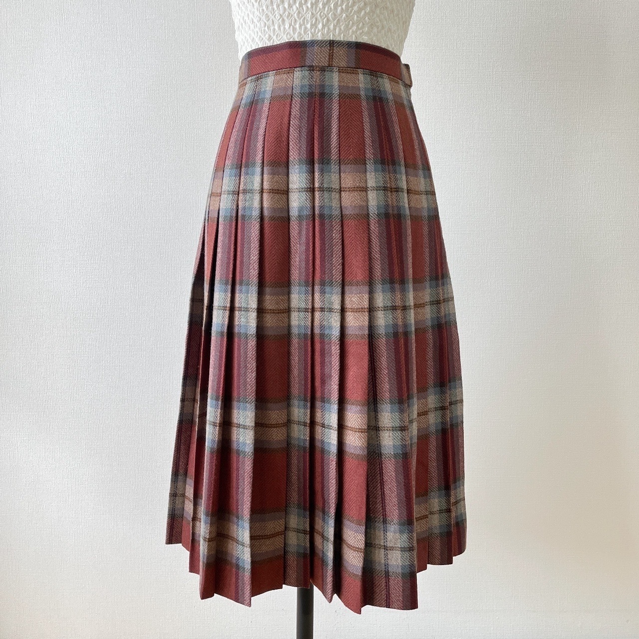 日本製棗紅色撞灰色格紋羊毛半裙