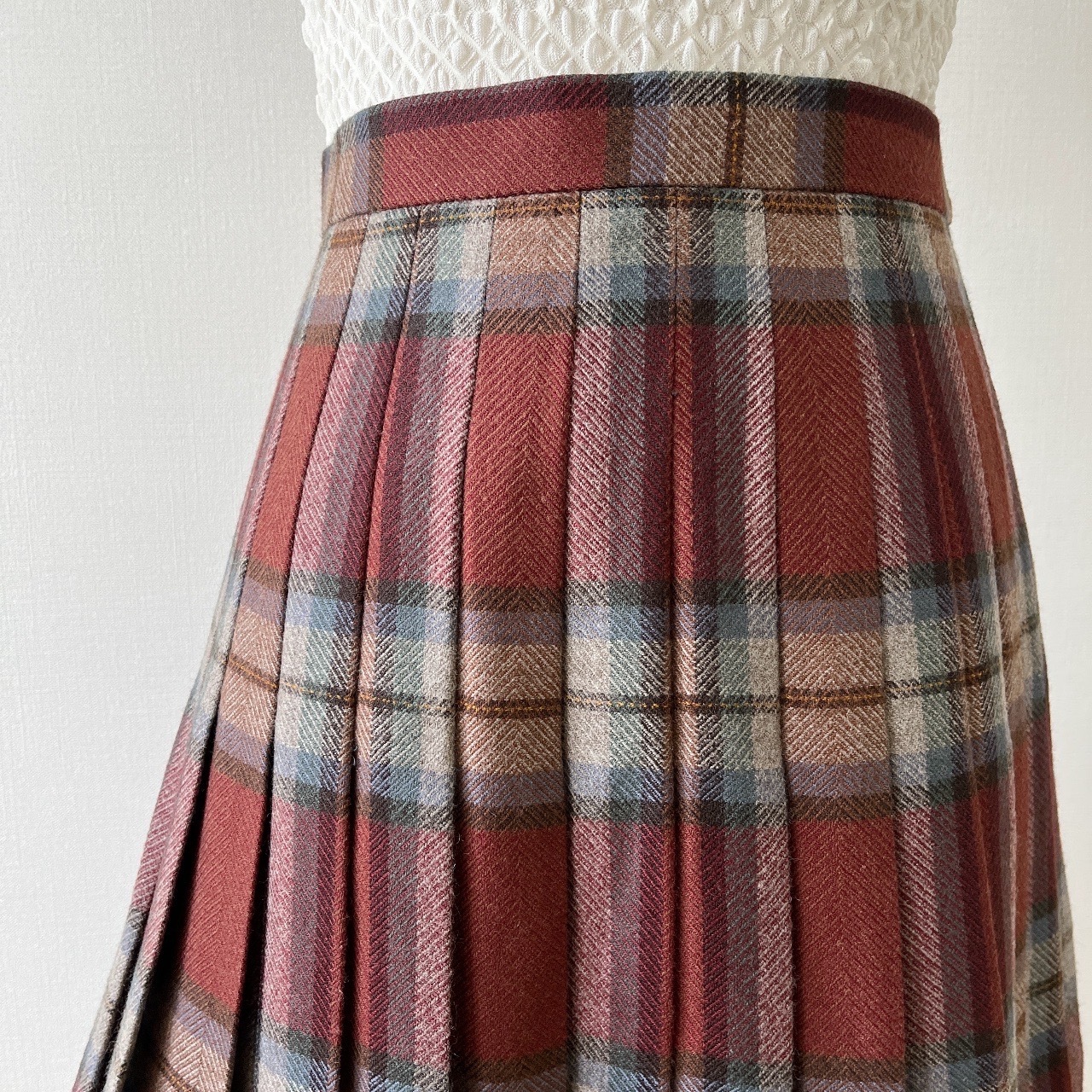日本製棗紅色撞灰色格紋羊毛半裙