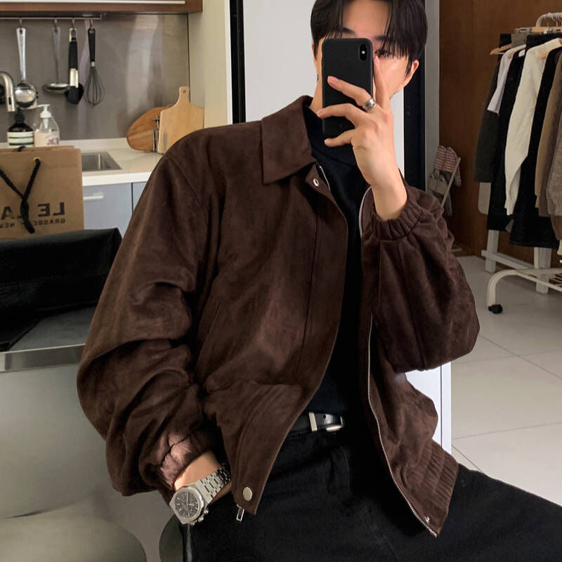 韓系冬季高級感仿麂皮絨翻領短版夾克外套