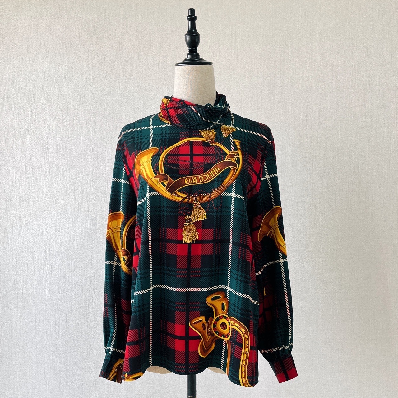 EVA DONNA墨綠色格紋喇叭圖案古著上衣