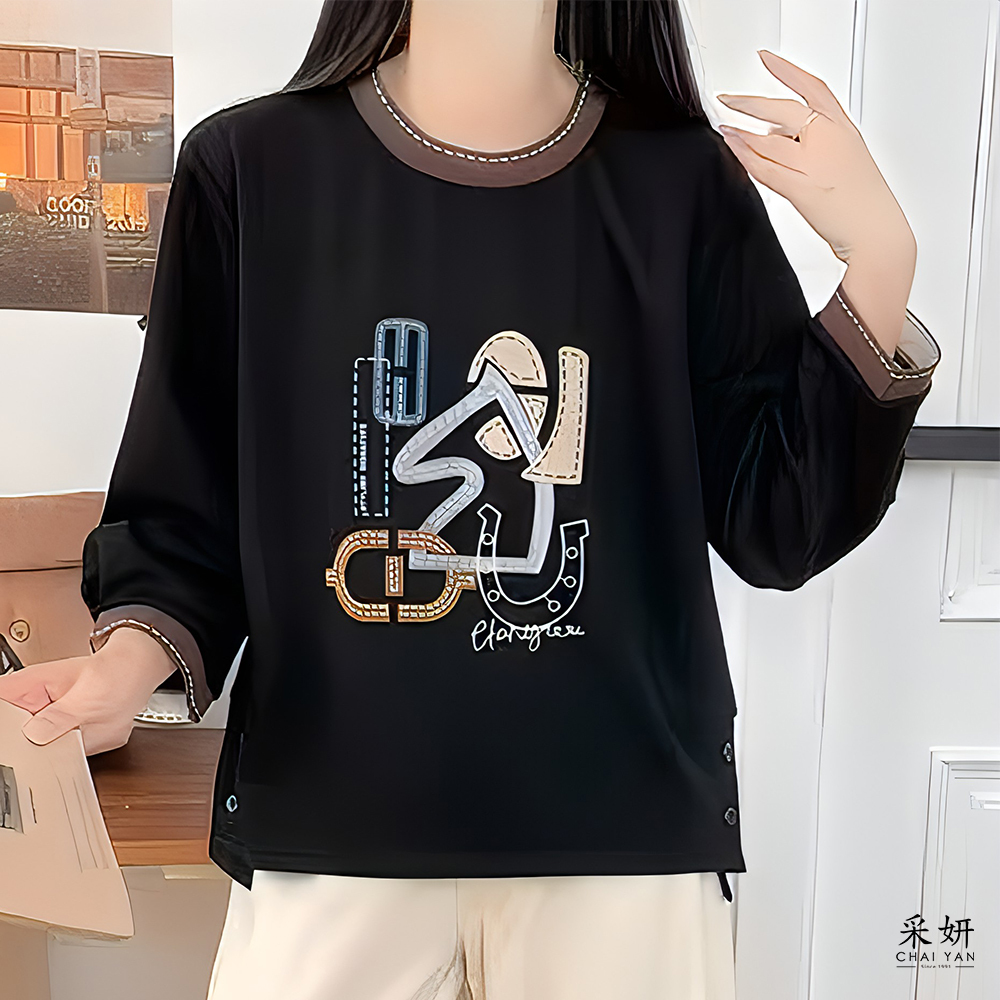 撞色膠印下擺斜釦長袖上衣