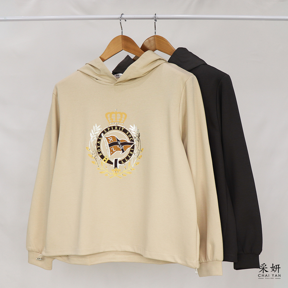 皇冠水鑽膠印長袖連帽上衣