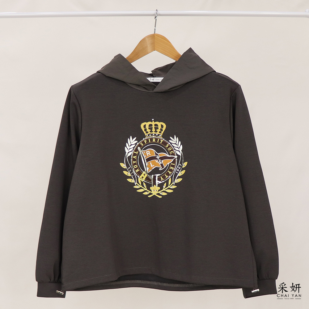 皇冠水鑽膠印長袖連帽上衣