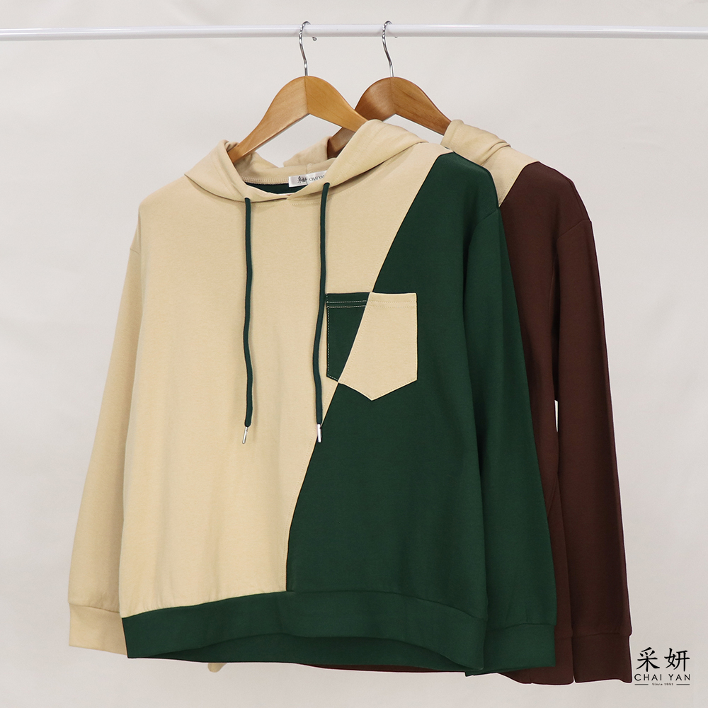 撞色色塊連帽長袖上衣