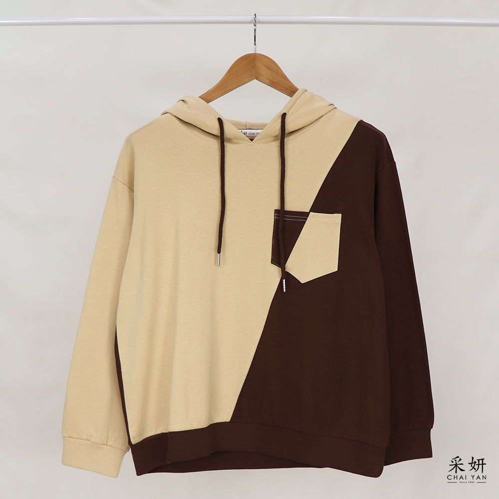 撞色色塊連帽長袖上衣