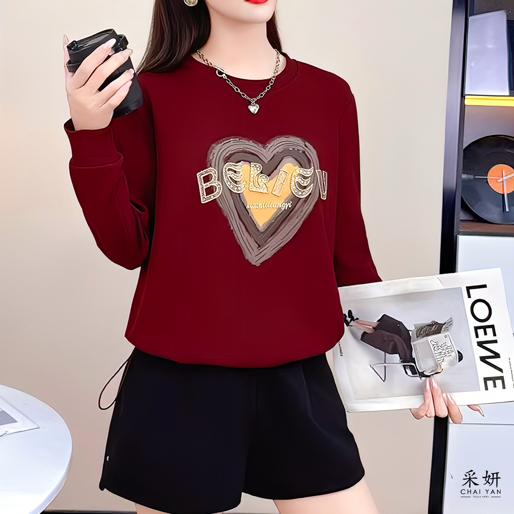 字母亮片縫線愛心印花長袖上衣