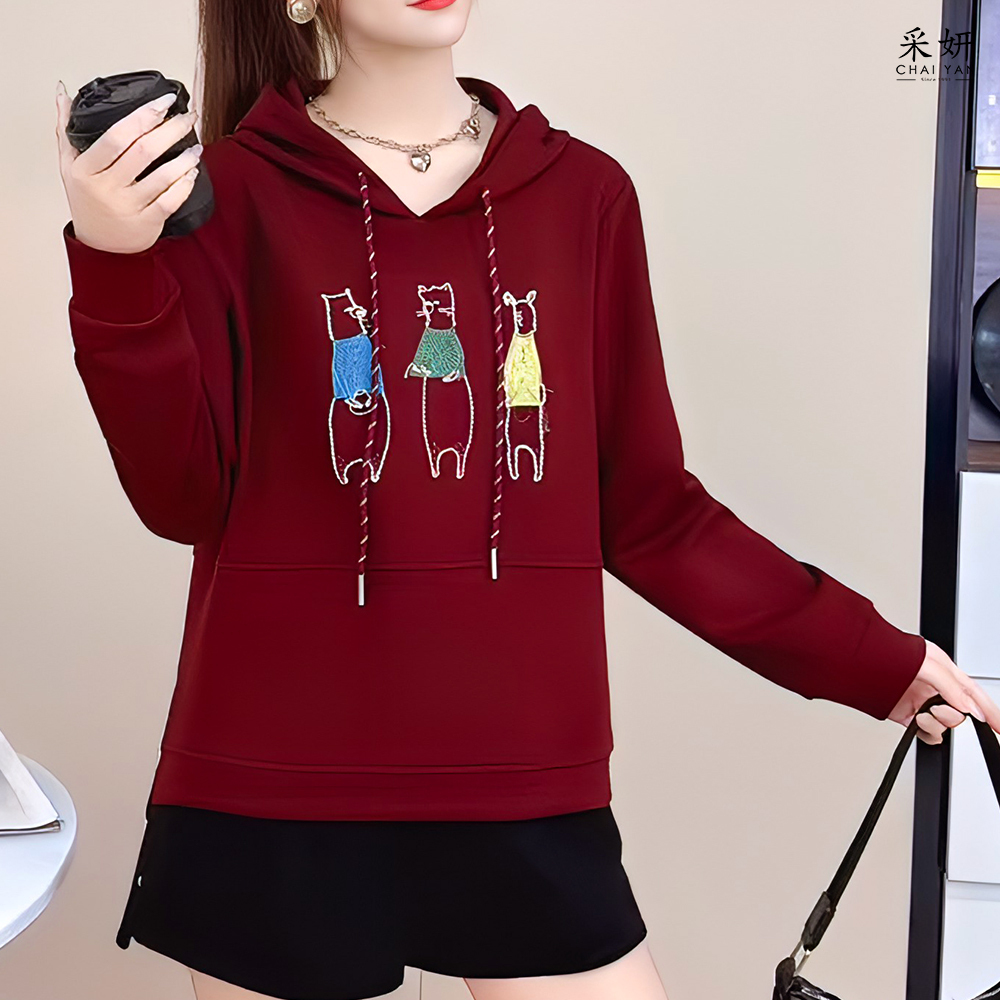 縫線站立動物連帽長袖上衣