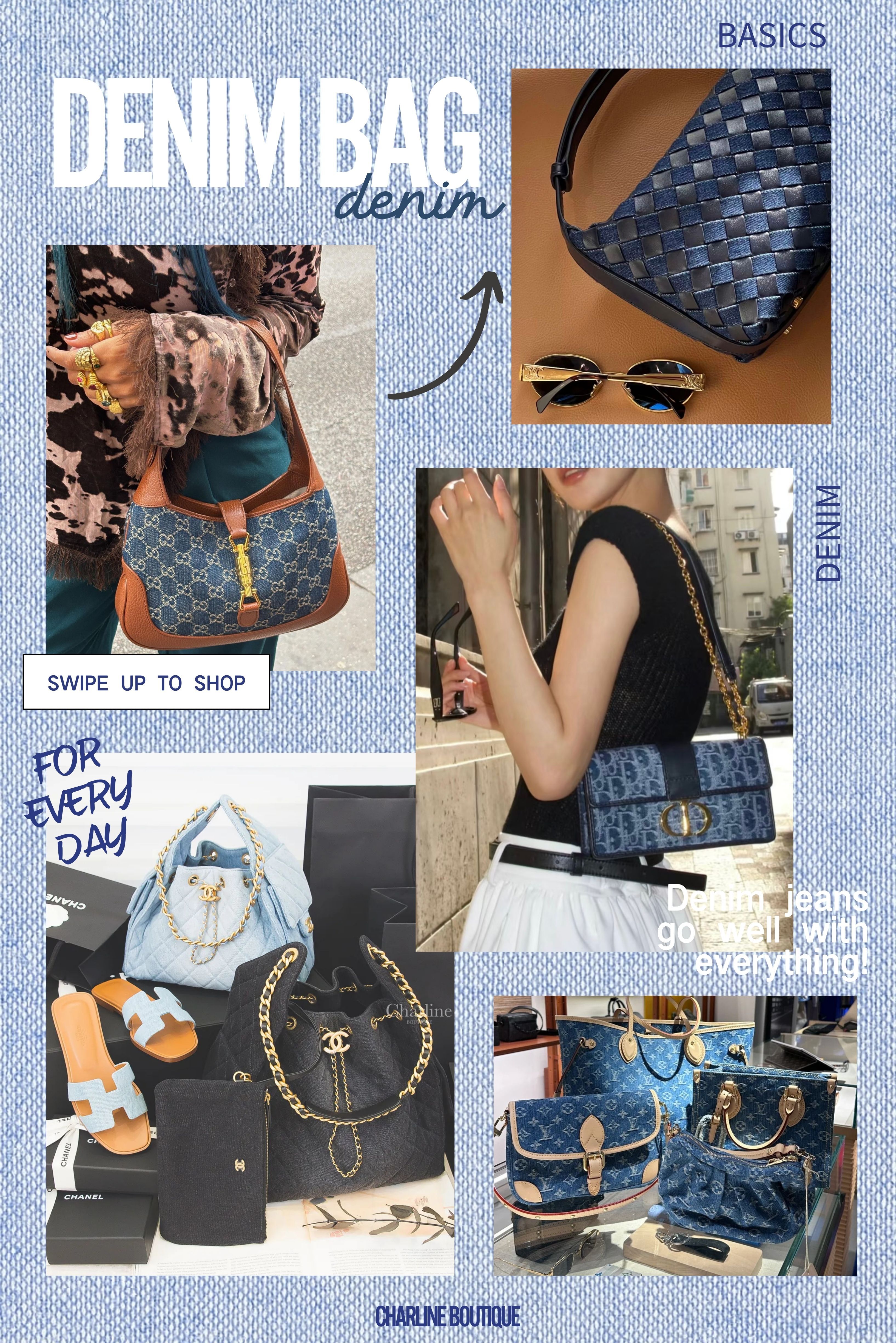 看完以上各大品牌的丹寧設計，您大概也能感受到，丹寧不再只是休閒材質，而是能在不同品牌語言下展現截然不同的氣質。有的復古、有的俐落、有的帶點甜美或手工感，也難怪丹寧包會成為近年最受歡迎的季節性單品之一。而在 Charline Boutique 與客人接觸的過程中，也收到非常多關於「丹寧包怎麼選？」的實際問題。以下整理最常被詢問的 Q&A，讓您在挑選時能更快找到最適合自己的那一款。  延伸閱讀：丹寧包相關Q&A  Ｑ1：丹寧包會退色或染色嗎？需要特別保養嗎？  Ａ：高級精品的丹寧包大多會做基本的防染處理，因此一般使用下不太會明顯退色；但深色丹寧本身就具有輕微移染的可能，建議搭配深色衣物會更安心。Charline Boutique 在實際代購過程中也留意到以下幾點使用差異：  深藍、黑色丹寧 → 最容易出現輕微移染，但通常不影響整體使用。  水洗淺丹寧 → 幾乎沒有染色情況，但相對比較怕髒。  石洗、漸層丹寧 → 不易看出色差變化，實用度反而更高。  整體來說，丹寧包比皮革包更耐用也更好照顧，大多數情況不需要特別保養，是 Charline Boutique 認為最適合懶人使用的材質之一。日常保養只要注意以下幾點即可：  避免長時間日曬，以免顏色氧化變淡。  不需使用皮革油，平時以乾布輕拍灰塵即可。  若遇到水漬，馬上擦乾並避免濕氣長時間停留。    Ｑ2：第一次想買精品丹寧包，要怎麼挑選？  Ａ：第一次入手精品丹寧包，Charline Boutique 的建議是遵守三個最安全的原則：經典顏色＋實用尺寸＋簡潔設計。這三點能避免踩雷，也最容易讓您在四季與不同風格的穿搭中自由使用。  顏色：雖然丹寧材質本身就很好搭，但第一次購買不建議挑太鮮豔或太特殊的圖案。淺藍、深藍、黑色丹寧是最耐看、最好駕馭的三種顏色，不論春夏秋冬都能輕鬆搭。  設計：越簡潔的設計，越耐看，也越能陪您用更久。沒有太多裝飾、線條乾淨的丹寧款，通常是新手最不會後悔的選項。  尺寸：新手最容易踩雷的就是大小選錯：太小背不出門、太大不適合日常。建議從中小尺寸開始，容量足夠、重量也不會太負擔。    Ｑ3：不同品牌的丹寧包有差嗎？哪個比較推薦？  Ａ：有差，而且精品品牌之間的丹寧差異非常明顯，Charline Boutique 指出從布料工藝、緹花精細度、洗色手法、包型結構，到整體風格與辨識度都會有其獨特性。推薦以下幾款：  Louis Vuitton（LV） ： 緹花工藝最精緻、挺度最好：LV 的丹寧以 Monogram Jacquard 緹花 見長，布料硬挺、紋路清晰，辨識度極高。  Chanel ：Chanel 在丹寧上玩很多技巧：水洗、漸層、做舊、彩色刷染都做得很細緻；搭金屬鏈帶後超有造型感。  Dior ：Dior 的丹寧以 Oblique 緹花＋水洗漸層 最代表，質感柔和、法式優雅感強。  Gucci ：Gucci 的 GG Denim Jacquard 特色是深藍、黑灰、刷色明顯；常搭深棕或黑皮革，Y2K 氣質濃厚。  Bottega Veneta（BV）：BV 以 丹寧與皮革交織的 Intrecciato 聞名，比皮革更輕盈、比一般丹寧更高級。更偏向時髦與個性化。   Ｑ4：Chanel的丹寧包有什麼顏色可以選擇？  Ａ：Chanel 的丹寧包顏色其實比多數人想像的更豐富，除了最常見的經典牛仔原色與淺色系，過往的春夏系列也推出過鮮豔、亮色或特殊印花字樣的丹寧設計。以下是Charline Boutique 根據 Chanel 過往官方系列整理出的主要顏色分類：  經典原色丹寧：以最能凸顯菱格紋細節的深色丹寧布料為主，顏色沉穩耐看，是 Chanel 最常見且最不容易退流行的丹寧色系。  淺色系丹寧：以不同深淺的水洗丹寧布為主，色調清爽柔和，是春夏系列中最具季節感、也最受歡迎的丹寧色系。  鮮豔色丹寧：以湖水藍、粉彩粉等亮色丹寧布料為主，色彩活潑明亮，多為春夏季節限定，風格年輕且更具造型感。  塗鴉／滿版字母丹寧：Chanel 偶爾會在丹寧布上做塗鴉、刺繡或鏤空滿版字母呈現的風格更具個性，是過往季節系列中為設計感加分的款式。  黑色丹寧：以深黑丹寧布料為主，低調耐用、搭配度高，是喜歡酷感或極簡風格消費者的常見選擇。  灰色丹寧：以介於藍與黑之間的灰色丹寧布料為主，色調乾淨俐落，展現溫和氣質感，是部分季節中會推出的限定色系。    Ｑ5：lV 的丹寧包有什麼款式？推薦哪個？  Ａ：LV 的丹寧包每一季都很受歡迎，不同包型呈現出的丹寧風格差異很大，以下這些是 Charline Boutique 常被客人詢問、也最推薦的 LV 丹寧包款整理。  LOOP：半月形設計，採緹花丹寧打造 Monogram 圖案，可肩背、腋下背、鏈條背，多種背法。  CarryAll PM：使用石洗 Monogram Denim，帶有復古刷色效果，容量大、重量輕，附可拆式收納包。  Speedy 20：經典包型換上丹寧後更輕盈、耐看，手提、斜背都好用，也能搭寬背帶，感覺更率性。  Alma BB：小巧圓弧造型，丹寧拼皮革更顯精緻。  Diane：90 年代法棍風格，細節包括皮革護角、馬鞍扣，搭配寬背帶後更有現代感。    Ｑ6：Dior 丹寧包會很貴嗎？哪個CP值高？  Ａ：Dior 的丹寧包屬於精品級價格，費用會因 款式、尺寸、緹花工藝與丹寧洗色處理 而有所不同。雖然通常比全皮革款稍微親切一些，但整體仍是奢侈品定位。依 Charline Boutique 的代購經驗，多數客人反而覺得 丹寧版本更耐用、更輕盈，也比較不怕刮痕，在相同預算中算是實用度非常高的選擇。若以 CP 值來看，以下兩款最常被客人回購，也最值得入手：  Book Tote：大容量、辨識度高，丹寧緹花耐磨且能裝能背，是使用率最高的款式。非常適合通勤族、老師、醫療人員或需要大包的人，是整個 Dior 丹寧系列中 CP 值最穩的選擇。  Saddle Bag：標誌性的馬鞍造型搭配丹寧材質，帶有復古與個性感。適合喜歡時髦穿搭、不需攜帶太多物品的消費者，是讓整體造型更亮眼的選擇。   Ｑ7：男生也能背 Gucci 丹寧包嗎？有沒有中性包款？  Ａ：當然可以。Charline Boutique 在代購中發現，很多男生其實很適合背 Gucci 丹寧包，尤其是深藍或黑灰的 GG Denim 系列，中性度高、也容易融入男性的日常穿搭。男生在挑丹寧包時，只要抓住三個原則就很好選：風格是否符合、用途是否實用、顏色是否百搭。多數男性偏好深色丹寧，而中型以上的尺寸背起來比例也最協調。  Gucci 男生也能背的丹寧包推薦  托特包（GG Denim Tote）：簡約、俐落、容量大，最適合上班或需要多收納的男性。深藍丹寧＋皮革提把中性度高。  後背包（GG Denim Backpack）：GG Supreme 丹寧布挺度佳、耐磨度高，非常適合學生或通勤族，低調又有質感。  斜背包／胸包（GG Denim Messenger／Belt Bag）：男生最自然的中性丹寧包型，街頭風或運動風穿搭都能駕馭，輕巧又實用。  其他中性款（手提包、相機包等丹寧款）：Gucci 偶爾會推出丹寧小包系列，尺寸與背法多元，日常使用也非常合適。    Ｑ8：想買第一顆 BV 丹寧包，要選 Arco、Jodie 還是 Cassette？哪個最百搭？  Ａ：如果是第一次入手 BV 丹寧包，Charline Boutique 最推薦的會是 Cassette。它的經典編織設計、俐落的方形輪廓，加上可斜背、肩背、手提的多種背法，是三款裡最百搭、最不挑穿搭、也最不容易後悔的選擇。多數第一次買 BV 的客人也都對 Cassette 的實用度和耐看度非常滿意。不過，Jodie 和 Arco 也都是很好的選擇，只是風格與使用情境不同，適合不同的生活方式與個人偏好：  Cassette：以 BV 經典編織搭配俐落方形設計，乾淨、耐看、不退流行。百搭度最高，適合想「買一顆什麼穿搭都能用」的消費者。  Jodie：標誌性的打結提把＋手提造型，自帶辨識度，是三款裡最具時髦氣息的選擇。適合偏愛小包、喜歡潮流亮點的消費者。  Arco：丹寧版 Arco 是大容量托特路線，線條俐落、乾淨，比皮革版更輕盈低調。非常適合上班、日常背大包的人。    Ｑ9：還有什麼品牌有推出丹寧包款的嗎？  Ａ：Charline Boutique 觀察到，除了常見的 LV、Chanel、Dior、Gucci 與 Bottega Veneta 之外，現在也有越來越多精品品牌加入丹寧包的行列。各品牌會透過不同的刷色、緹花與丹寧織法呈現獨特風格，因此在挑選丹寧包時，了解品牌的風格差異能讓選擇變得更容易也更精準。  Prada → Re-Edition、Mini Bag、後背包：Prada 的丹寧多呈現霧面、水洗、柔軟質感，帶點復古氣息但仍保有輕奢時髦度。  Fendi → Baguette、Peekaboo：Fendi 的丹寧偏硬挺，常搭配 FF 老花刺繡或緹花，細節精緻、視覺高級。  Saint Laurent（YSL）→ Niki、Le 5 À 7：YSL 丹寧多是冷調刷色，結合深色皮革與銀色五金，展現俐落又酷帥的極簡風格。  Celine → AVA、Triomphe 系列：Celine 的丹寧最有「法式極簡」感，淡刷色配上 Triomphe 金屬 Logo，看起來清爽且高級。  Miu Miu → 腋下包、托特包：Miu Miu 的丹寧偏年輕俏麗，刷色較亮，常搭配 Logo、貼布或皺褶，少女感十足。  Balenciaga → City、Hourglass：Balenciaga 丹寧最靠近 Y2K 風，常見做舊、刷破與灰藍色調，街頭感最強烈。  Valentino → Rockstud、VLogo 系列：Valentino 喜歡在丹寧加入鉚釘或 VLogo 裝飾，把丹寧的隨性感與品牌華麗度結合在一起。   Ｑ10：除了包款之外，還有什麼值得推薦的丹寧單品？  Ａ：丹寧不只在包款大爆發，近年各大精品與時尚品牌也把丹寧延伸到各種單品，不管是追求造型感、實用性或季節穿搭，以下都是 Charline Boutique 最常被問、也最常推薦的丹寧單品清單。  丹寧外套：最不挑人、四季都能穿，是丹寧單品裡最百搭的類型。 深色偏正式、淺色偏休閒，比想像中更好搭洋裝與寬褲。  丹寧洋裝 / 丹寧襯衫：比一般丹寧多一點設計感，很適合日常、上班、週末出遊。加上Y2K 回潮後，丹寧洋裝變得非常熱門。  丹寧鞋款（球鞋、穆勒鞋、涼鞋）：LOEWE、Chanel、Miu Miu 、Hermès都有丹寧鞋款。比皮革更輕盈，尤其夏天穿起來視覺很清爽。  丹寧帽款（棒球帽、漁夫帽）：丹寧帽是非常熱門的單品，Chanel、Dior、CELINE 都有出。戴起來比棉帽更有質感，也更不會顯得幼稚。  丹寧髮飾（髮圈、髮夾、髮帶）：甜美派或文青風女生非常愛。 小範圍點綴丹寧，不會太 Y2K，造型更加分。