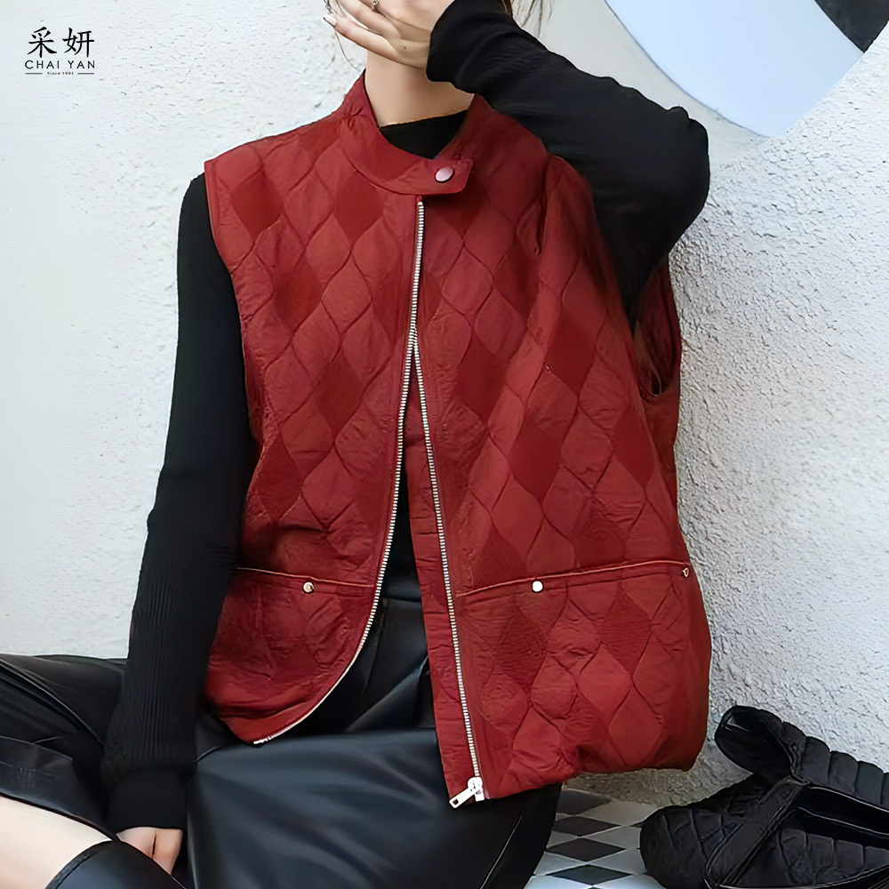 復古菱格紋保暖立領拉鍊背心