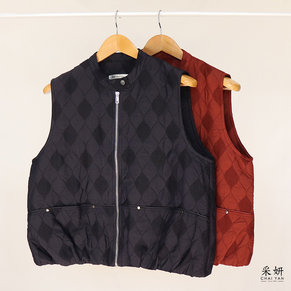 復古菱格紋保暖立領拉鍊背心