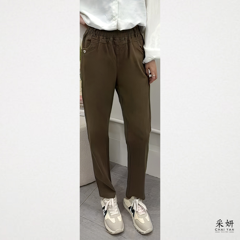 愛心跳色刺繡鬆緊腰窄管長褲