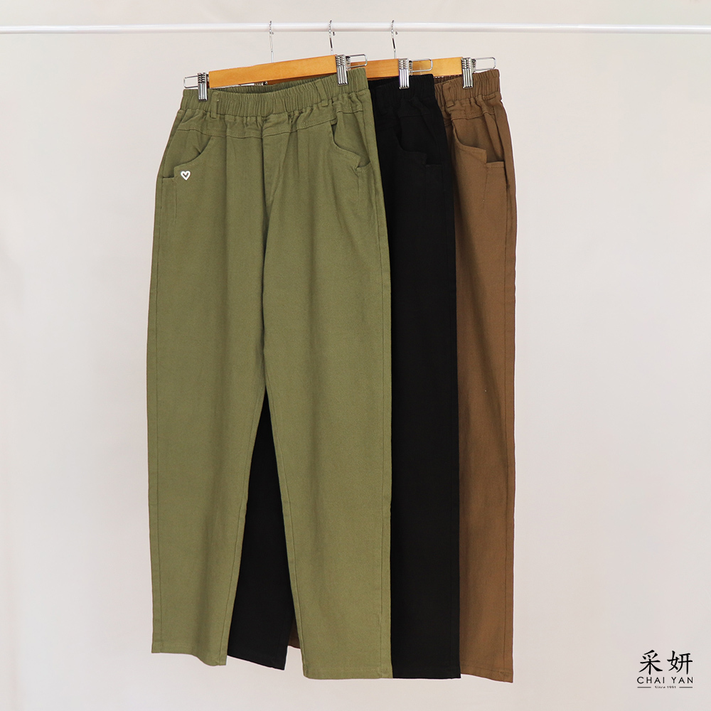 愛心跳色刺繡鬆緊腰窄管長褲