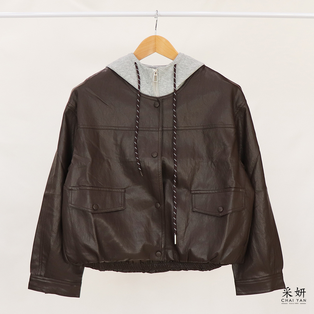 假兩件皮質短版抽繩連帽外套