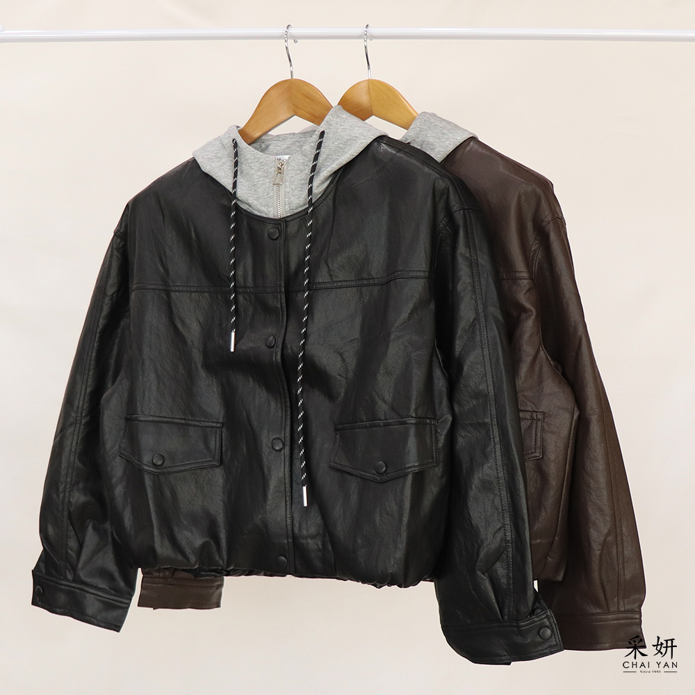 假兩件皮質短版抽繩連帽外套