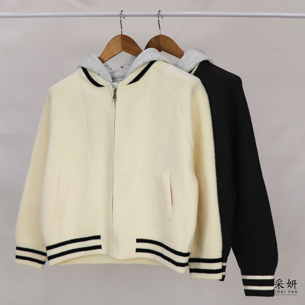 學院風無肩線假兩件連帽毛呢棒球外套