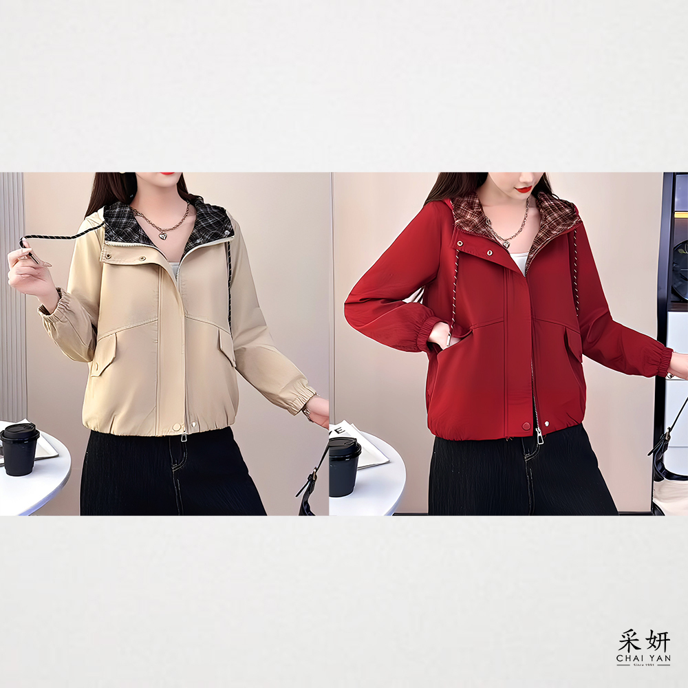 復古風格紋內襯抽繩連帽防風外套