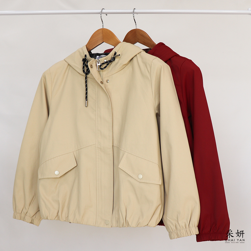 復古風格紋內襯抽繩連帽防風外套