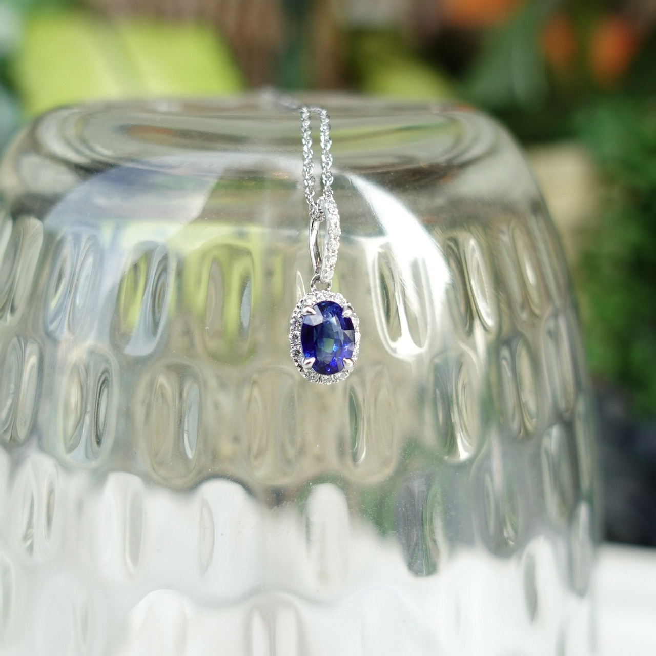 1.04ct藍寶石鑽石18K金吊墜-橢圓形切割