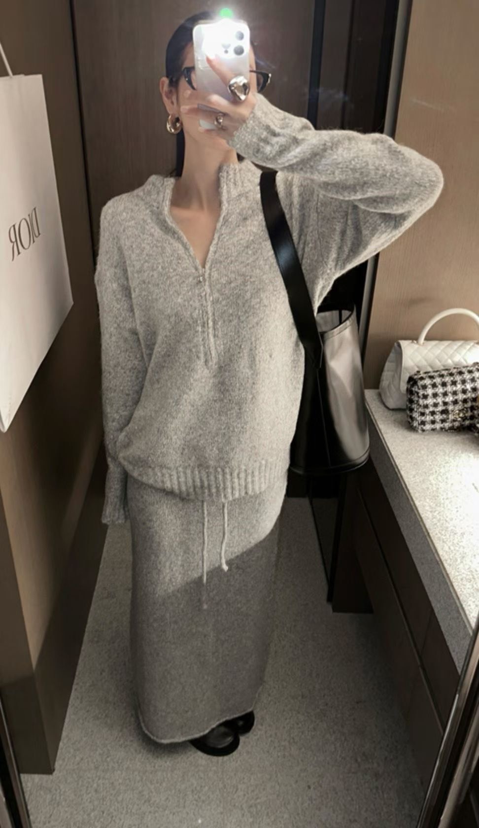 拉鍊長版針織上衣  針織長裙(分售)