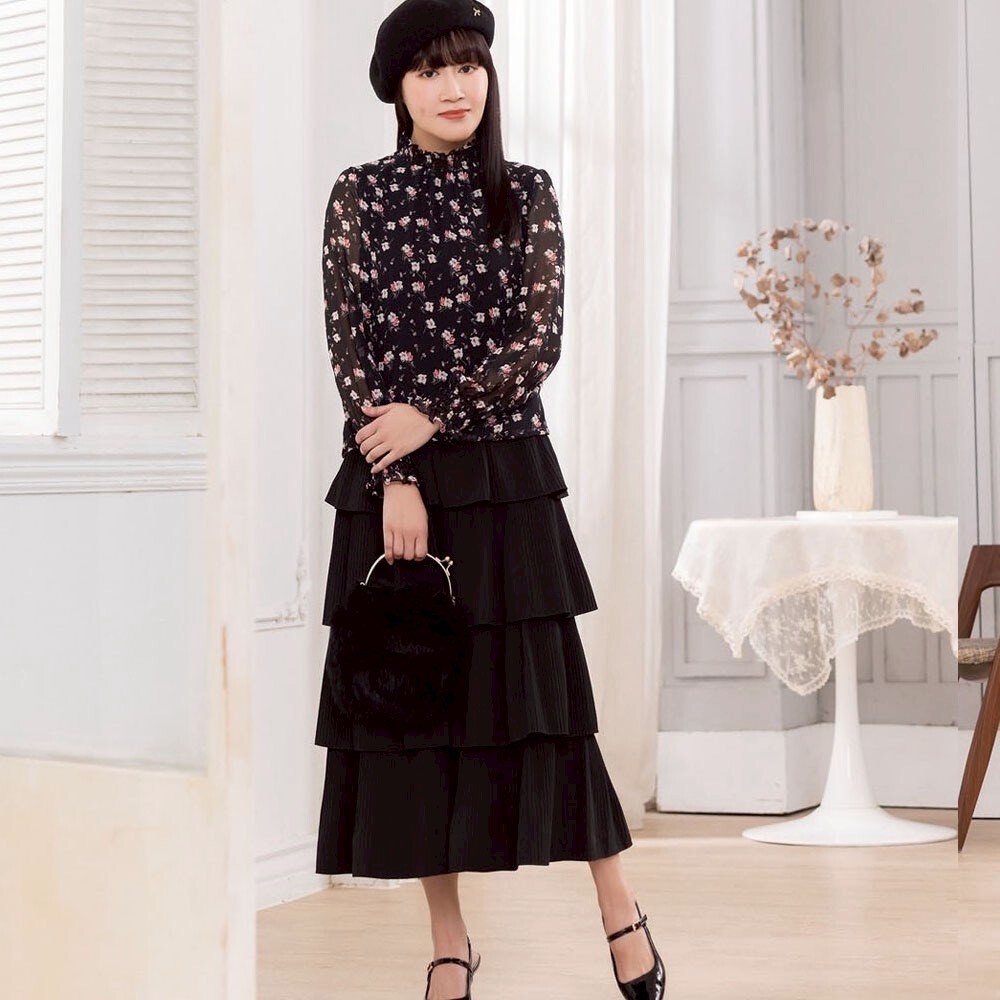 OL宮廷風優雅時尚百摺設計蛋糕裙造型修身長裙X6111