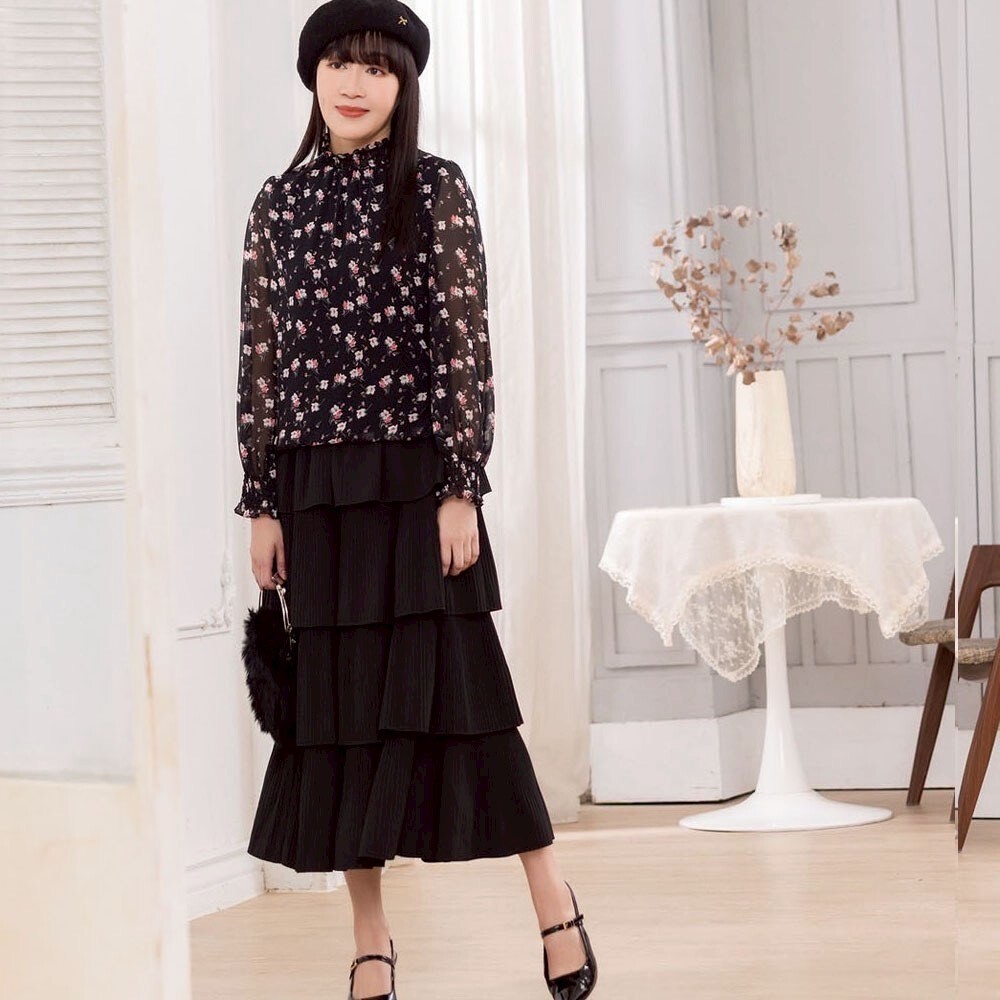 OL宮廷風優雅時尚百摺設計蛋糕裙造型修身長裙X6111