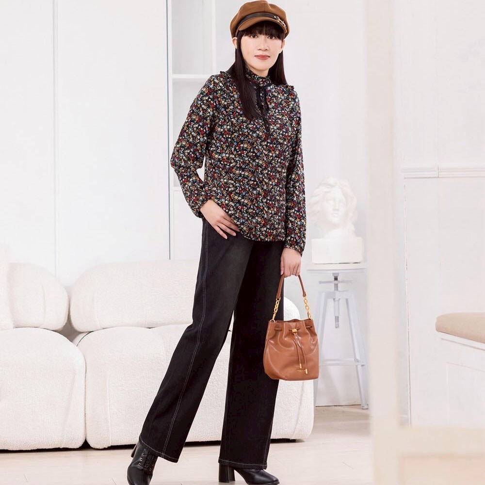 OL宮廷風優雅小碎花荷葉小立領蝴蝶結造型修身上衣X6052