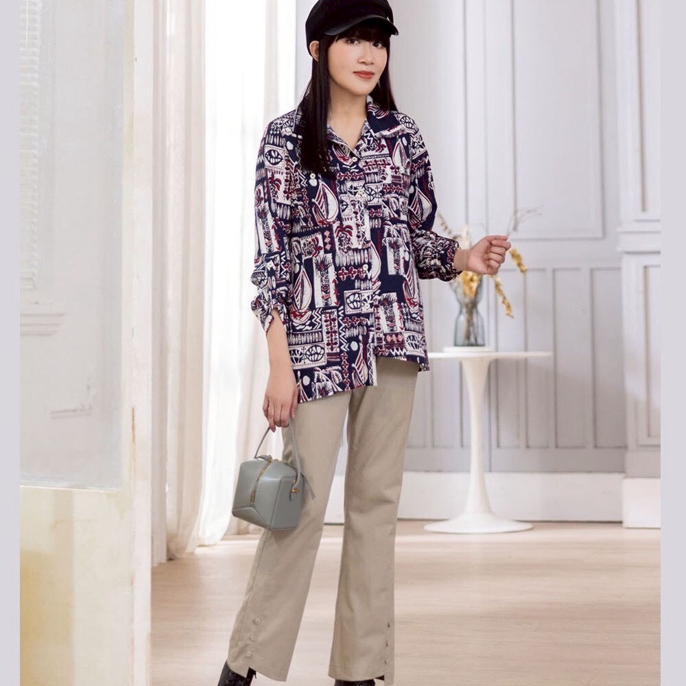 韓版時尚配色個性印花下襬不對稱設計修身顯瘦上衣X6131