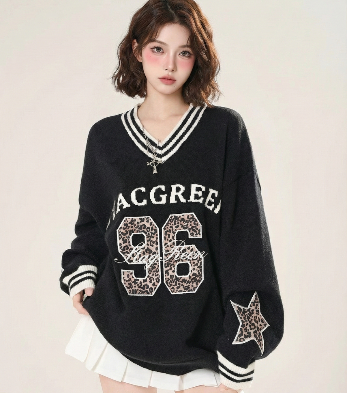 豹紋V領針織T