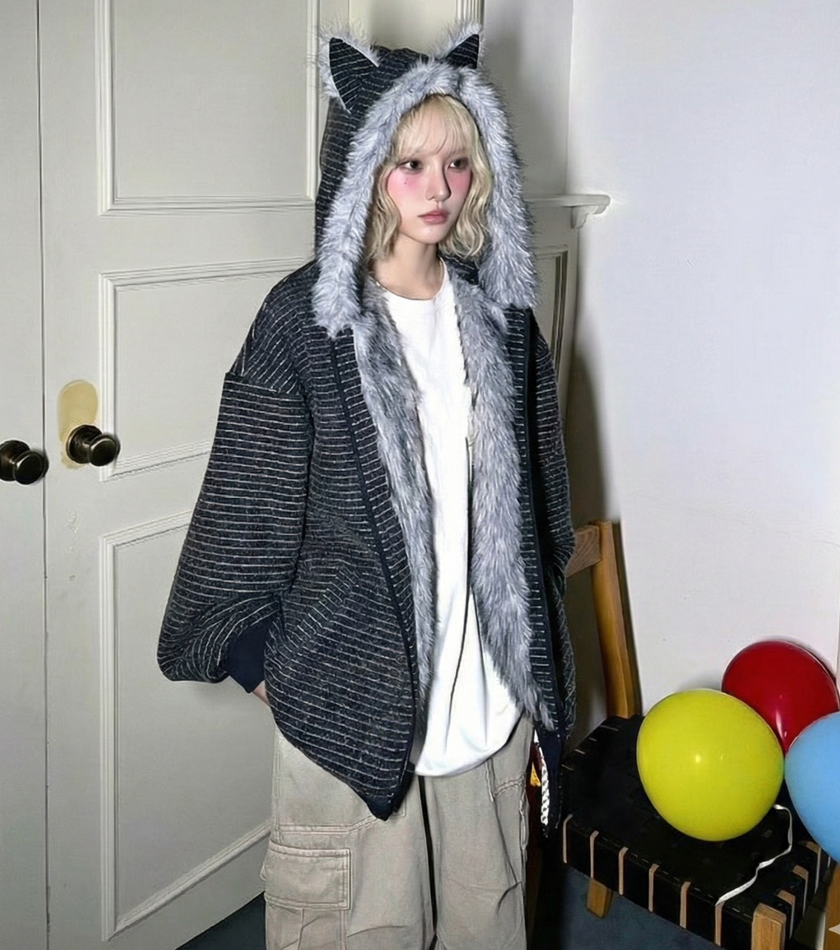 兔耳毛毛橫條外套