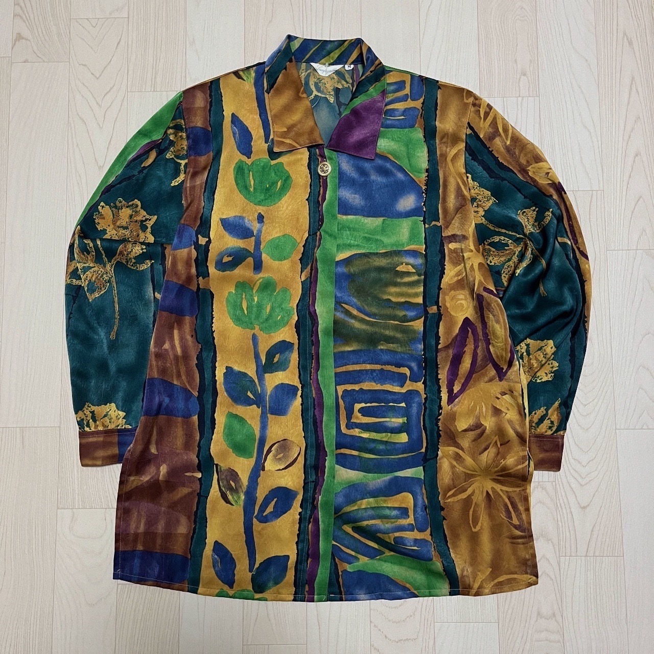 油畫風墨綠金棕抽象花紋長袖襯衫