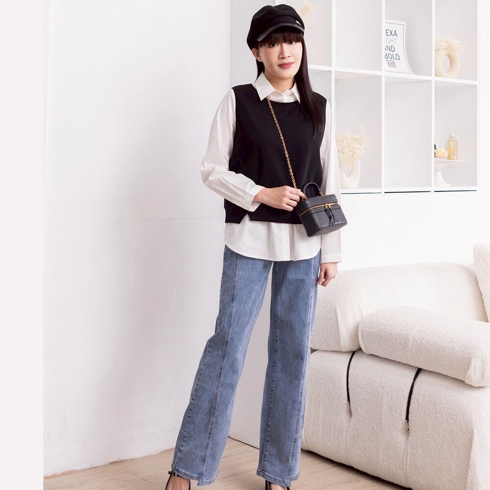 韓版時尚淺藍色個性剪裁褲口不對稱設計修身闊腿牛仔長褲X6271